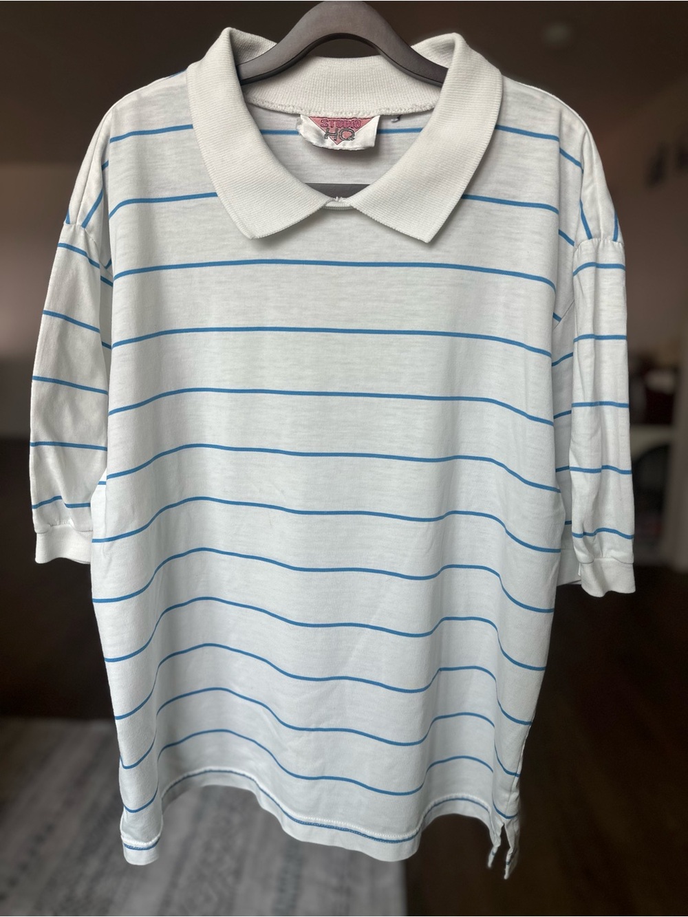 Vintage 80’s 90’s Men's White Polo Shirt W/Blue Stripes